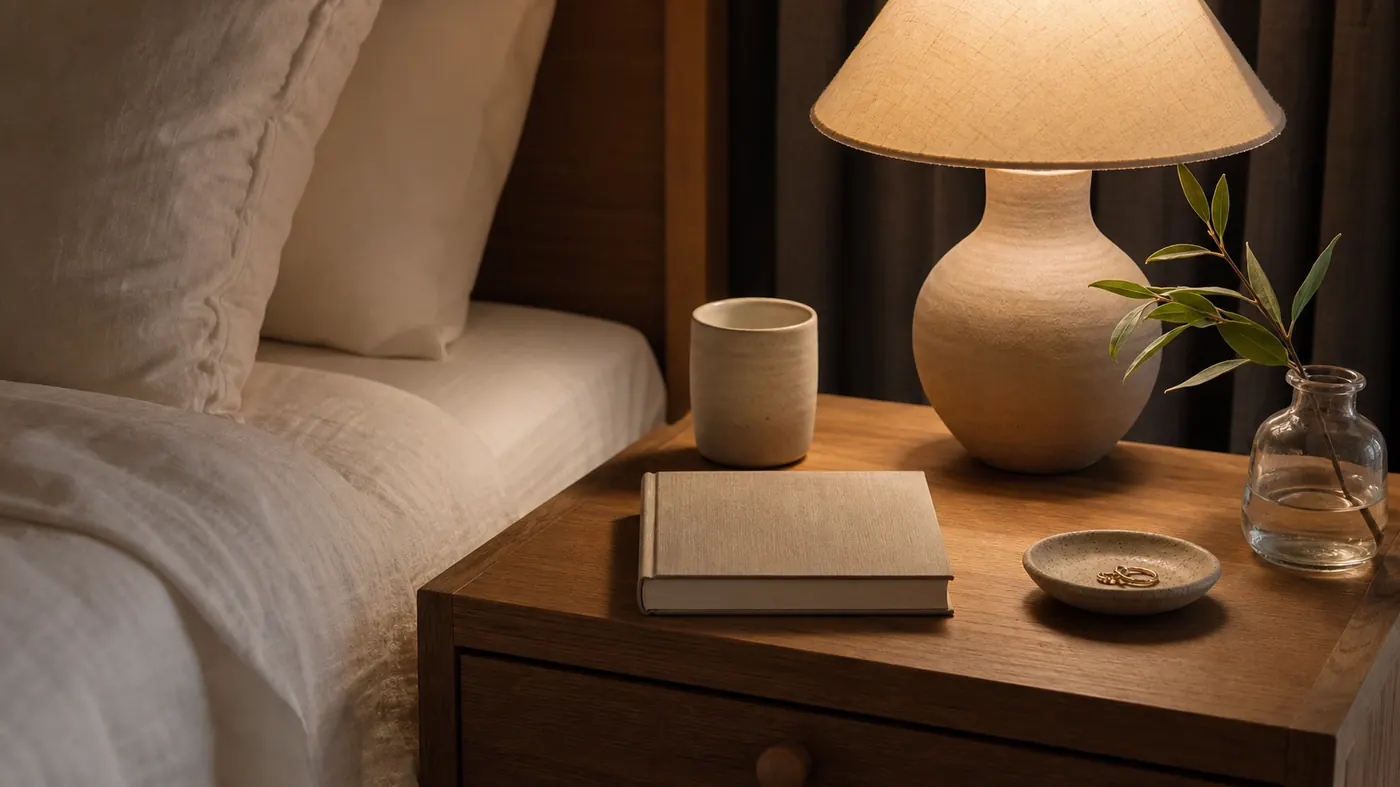 A sleep-friendly nightstand with warm lamp light, linen bedding, ceramic water cup, book, small dish, and no phone