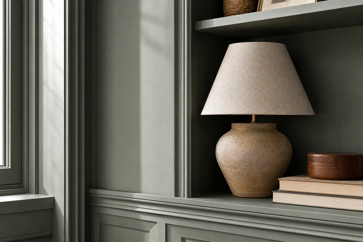 A smoky green-gray color-drenched wall detail with painted trim, ceramic lamp, linen shade, neutral books, and warm wood accent
