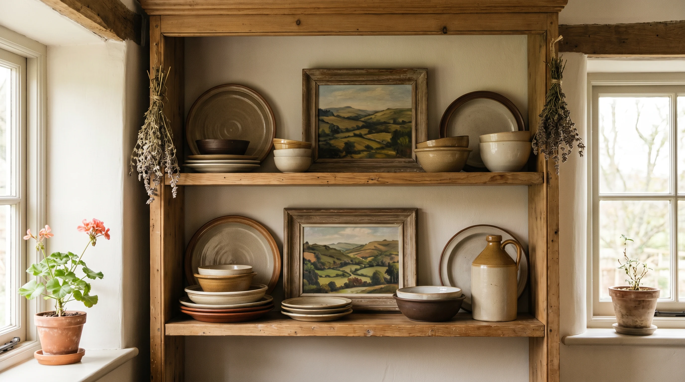 A soft country-style room with warm wood, linen textiles, pottery, and relaxed everyday furniture