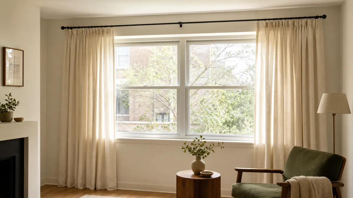 A rental living room window with curtains hung high and wide, pale linen panels, warm wood furniture, and a calm seating area