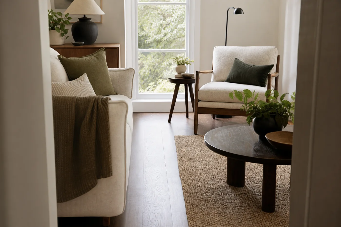 A modest living room refreshed with edited surfaces, warm textiles, simple wood, and one clear focal point