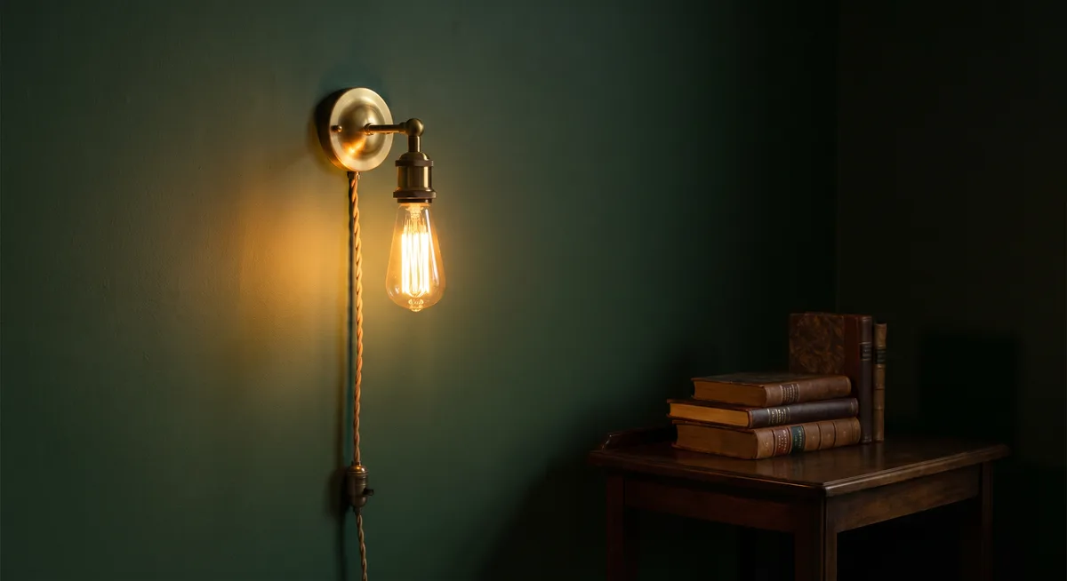 A moody gothic-inspired reading corner with deep walls, warm lamp light, old wood, velvet, and framed art