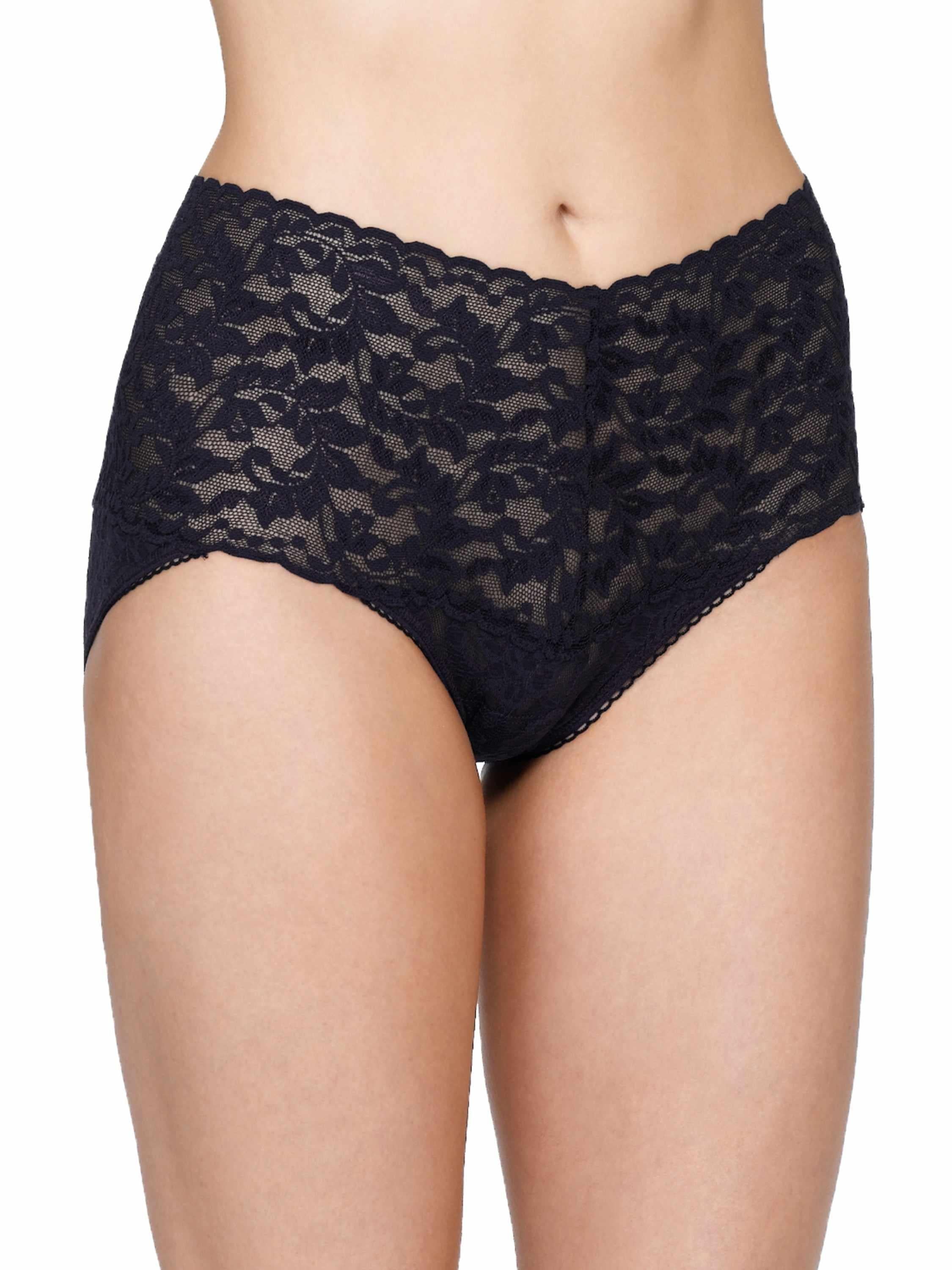 Black Hanky Panky Retro Lace V-Kini shown on a model to show the high-rise front