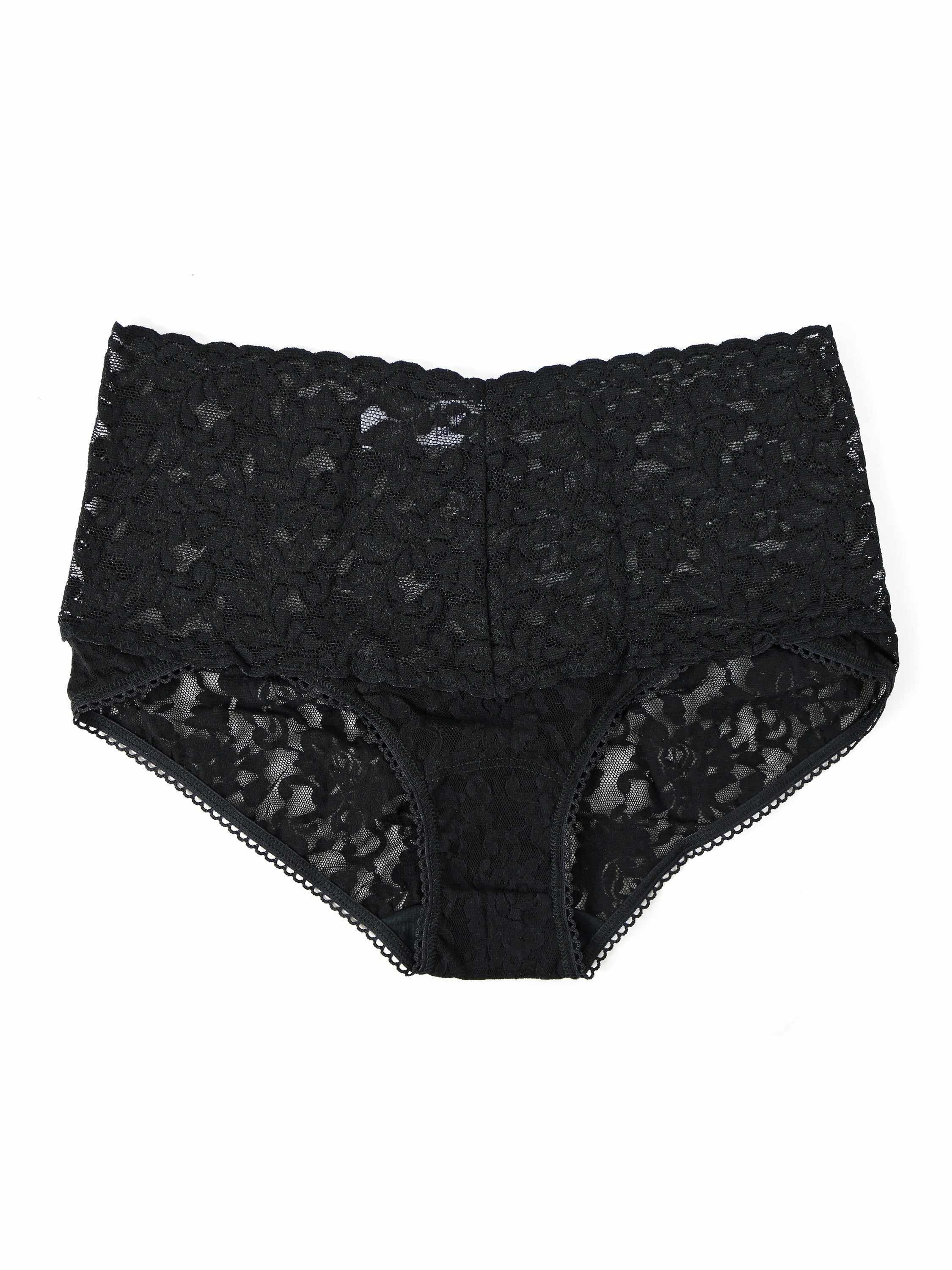 Black Hanky Panky Retro Lace V-Kini flat lay showing the wide waistband and leg line