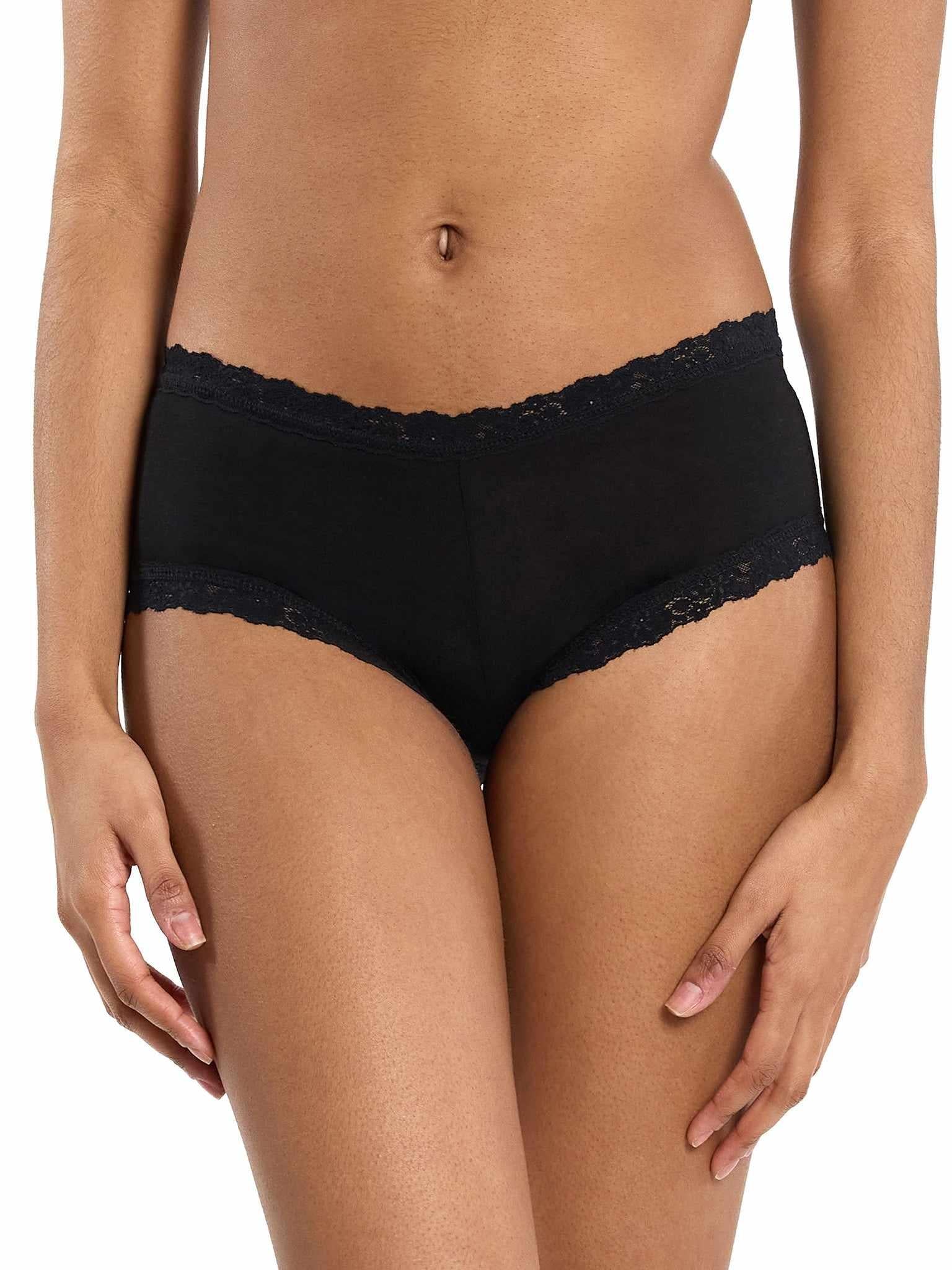Black Hanky Panky DreamEase Boyshort showing the modal body and lace-trimmed waistband