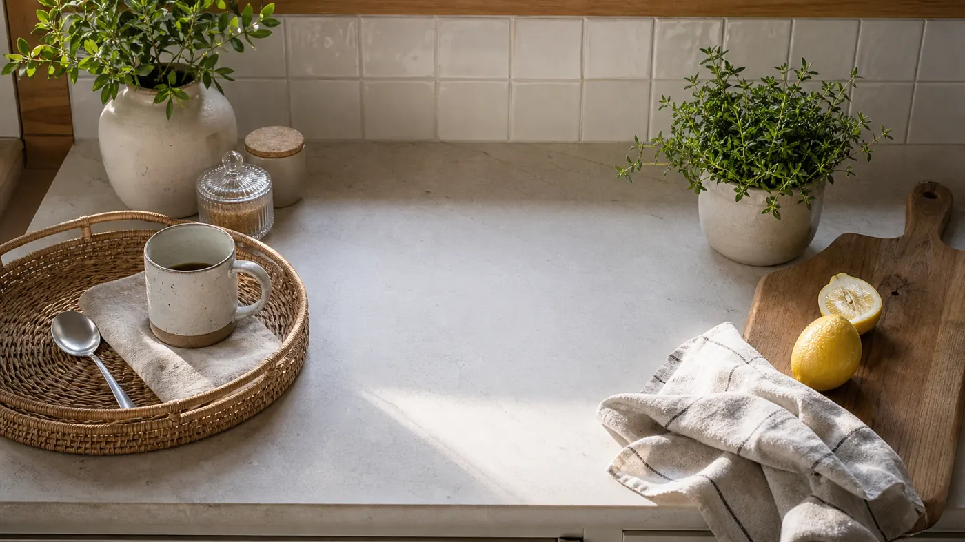 A useful kitchen counter with a coffee tray, clear prep zone, cutting board, herbs, folded towel, and calm negative space