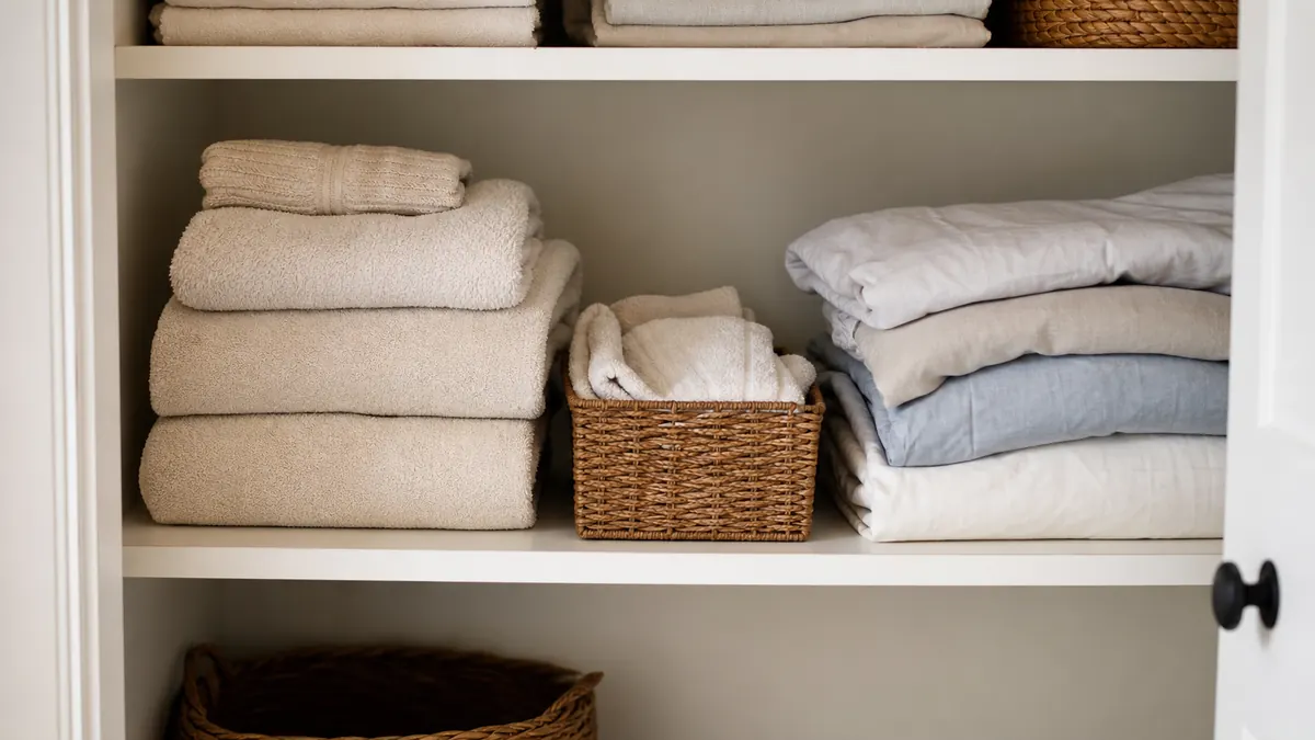 A practical linen closet with folded towels, labeled baskets, sheet sets, spare blankets, and enough breathing room between everyday stacks
