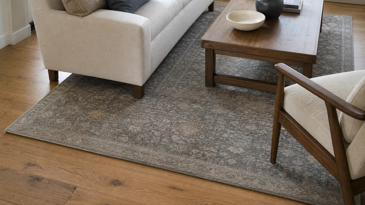 A living room seating area with a correctly scaled rug connecting the sofa, chairs, coffee table, and warm wood furniture