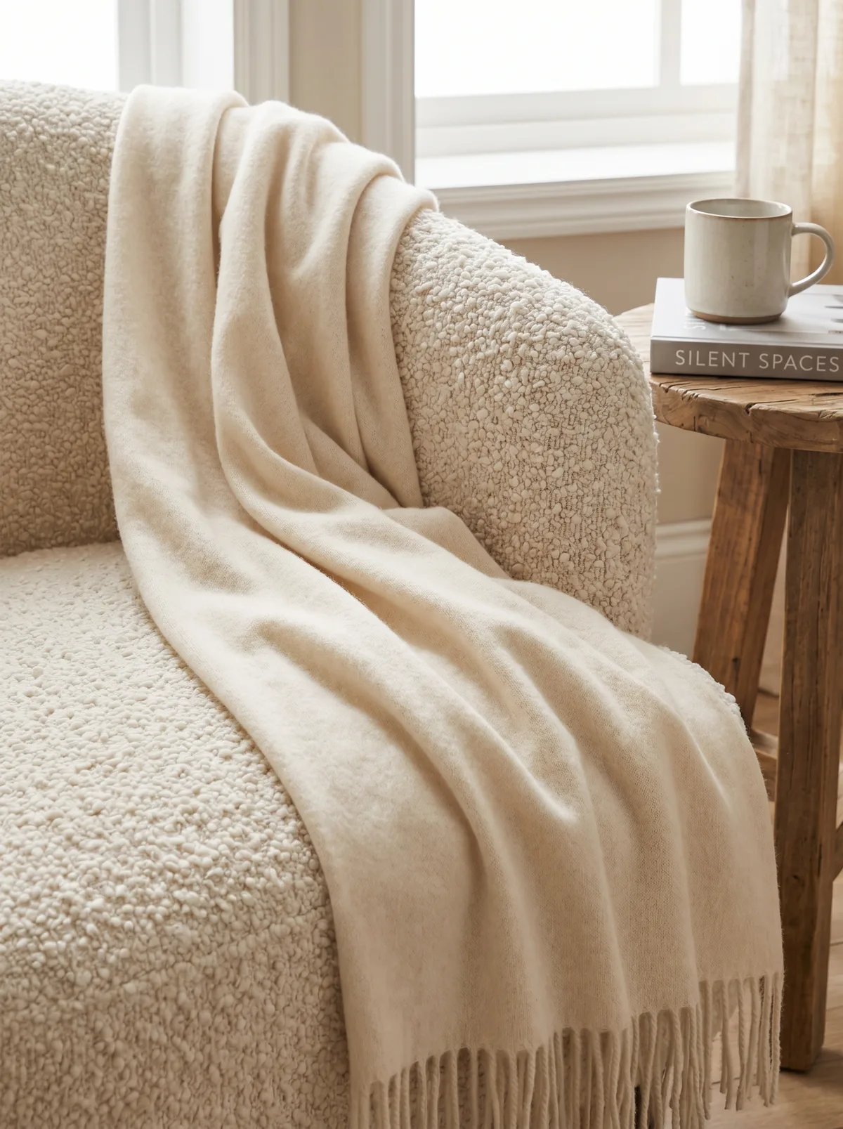 A luxurious calm room with refined materials, layered textiles, natural light, and minimal but confident decor