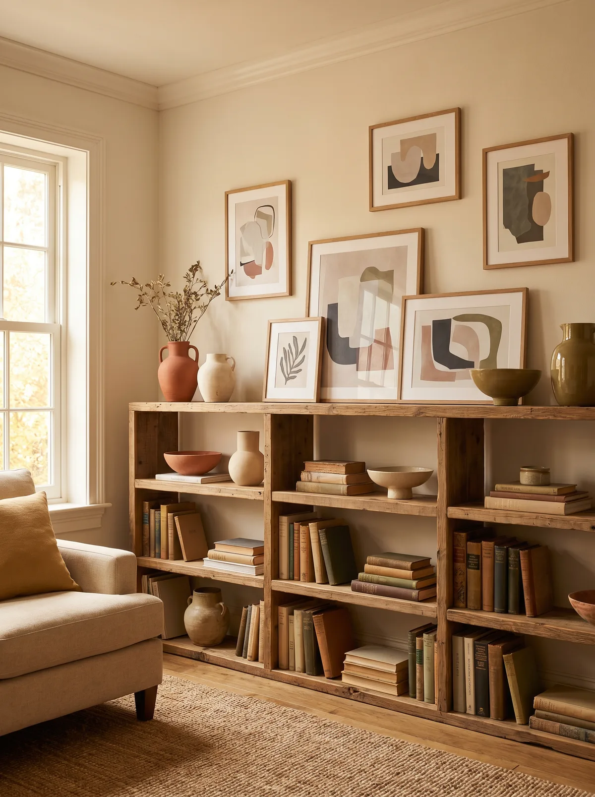 A layered maximalist living room with repeating color notes, art, books, plants, and mixed texture