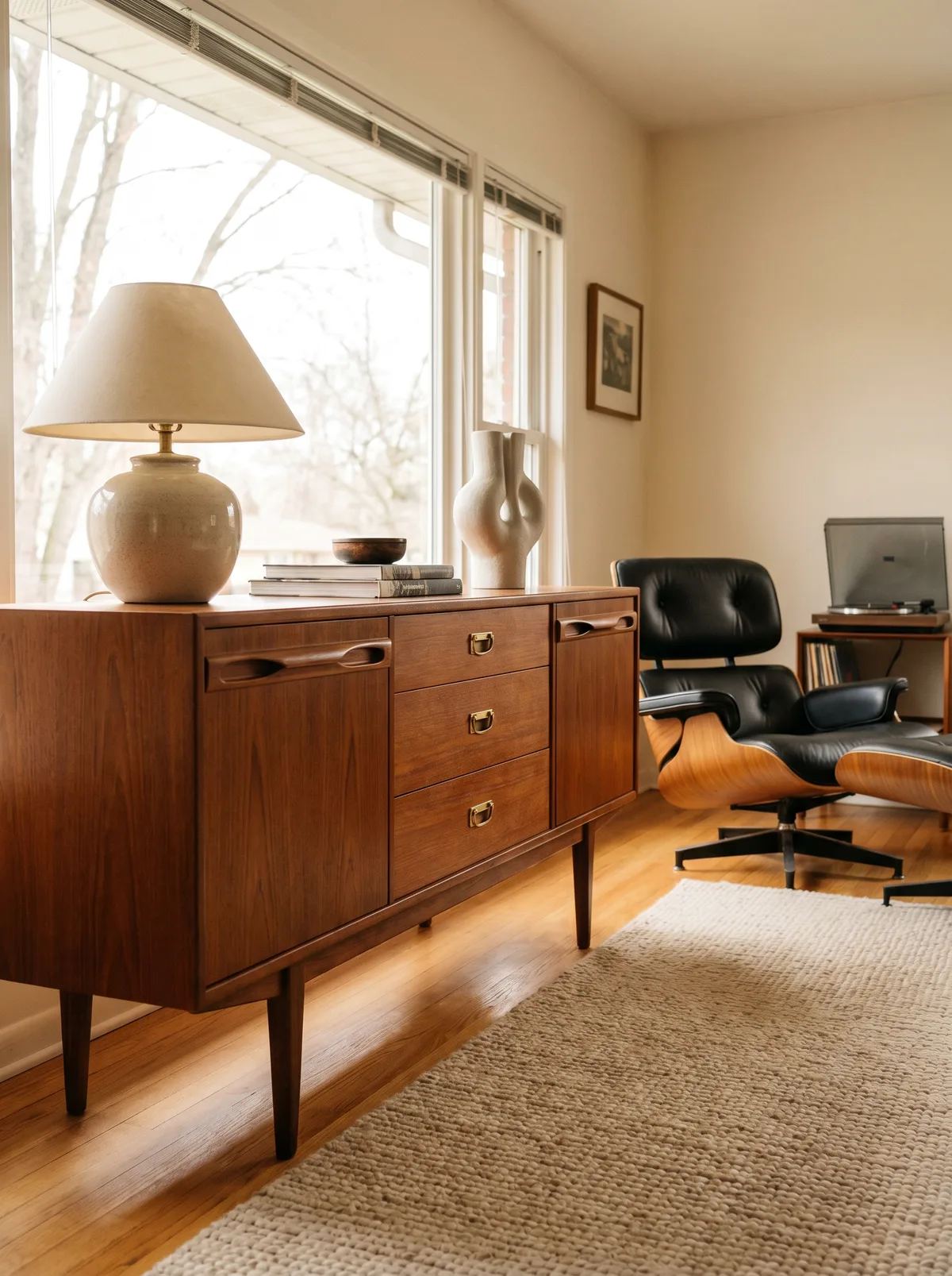 A lived-in mid-century modern room with walnut wood, tapered forms, soft textiles, and relaxed styling