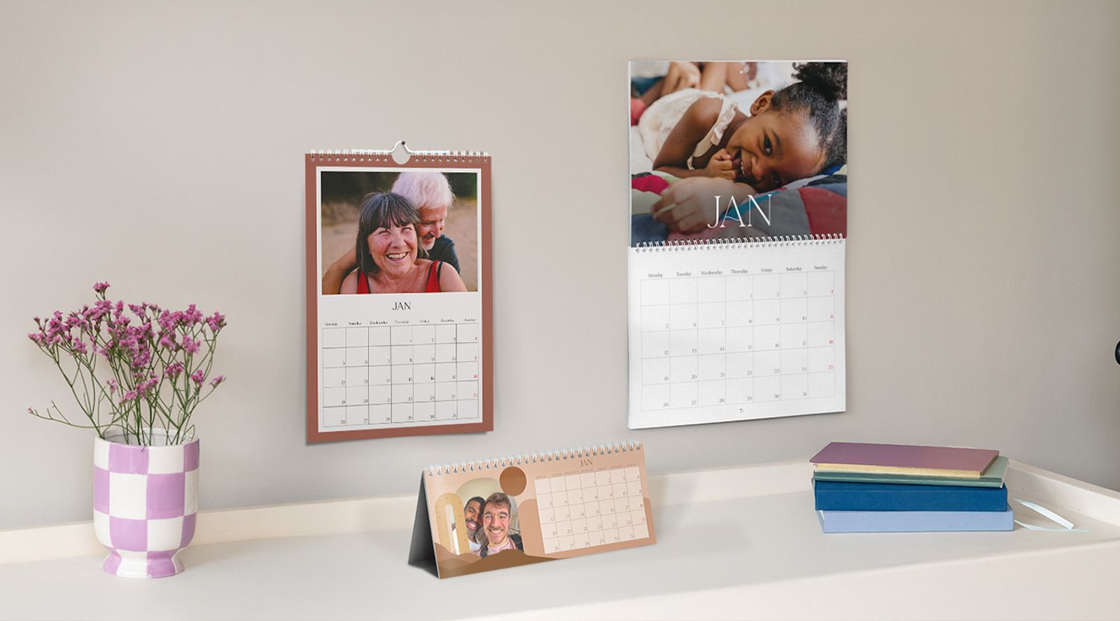 Photobox personalised calendar products displayed with family photos