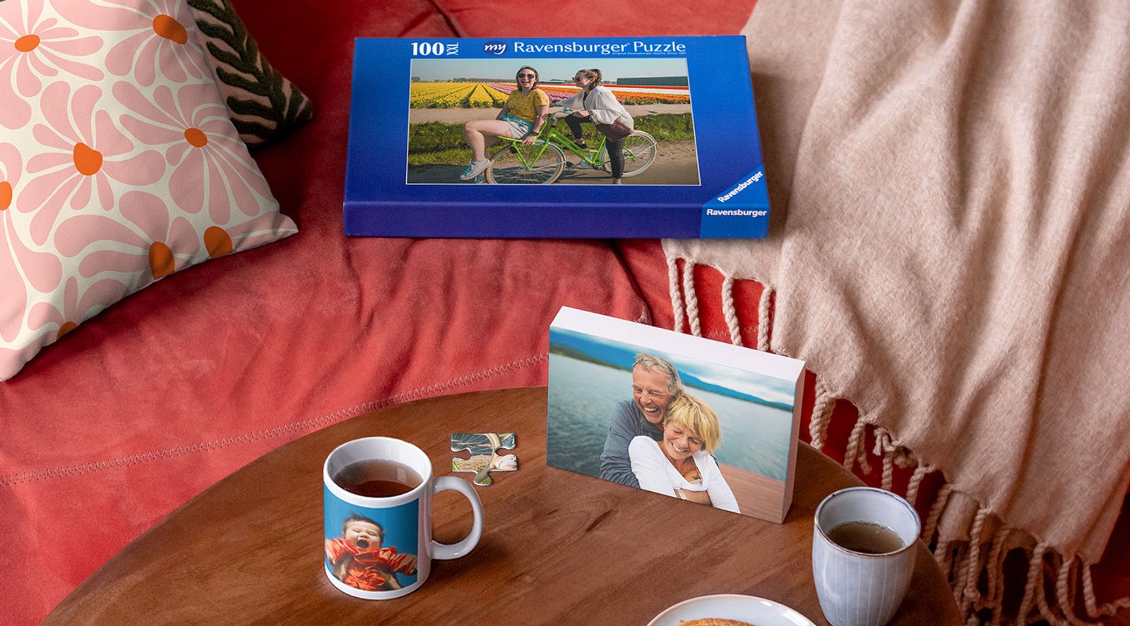 Photobox personalised gift products including a mug, photo block, jigsaw, and cushion
