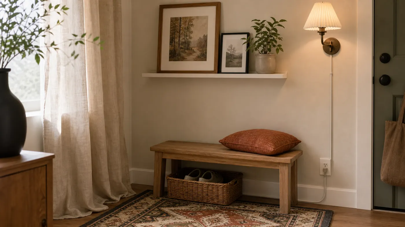 A renter-friendly wall corner with a plug-in light, removable picture ledge, linen curtain, bench, basket, plant, and washable rug