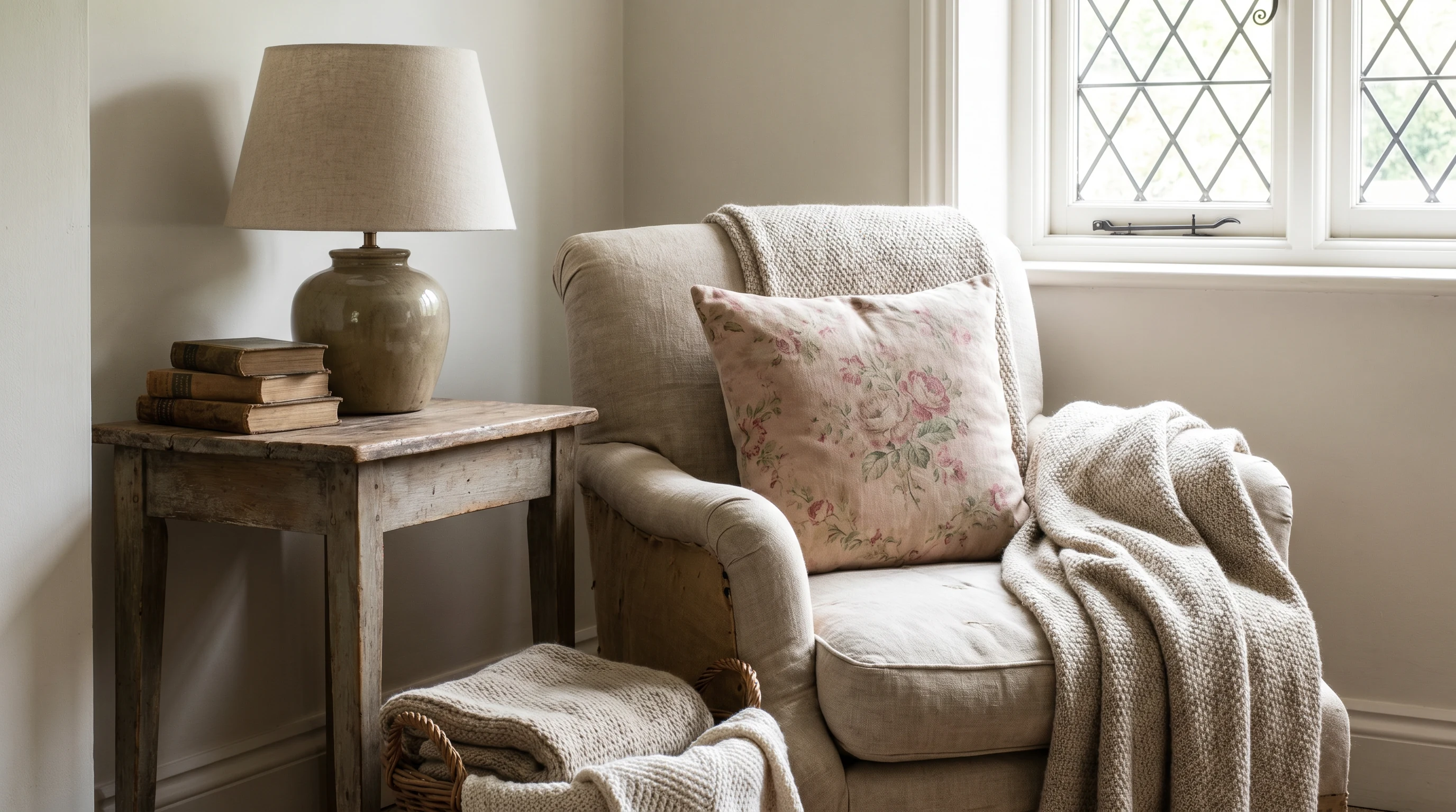 A bright rustic living room with weathered wood, linen upholstery, handmade pottery, and open breathing room