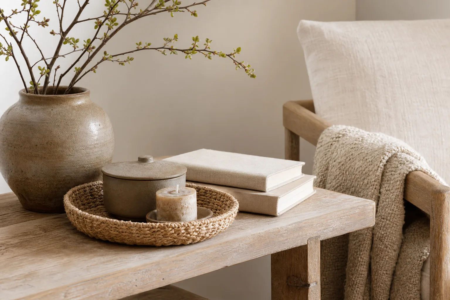 A rustic tabletop vignette with handmade pottery, woven texture, branches, warm wood, and pale linen