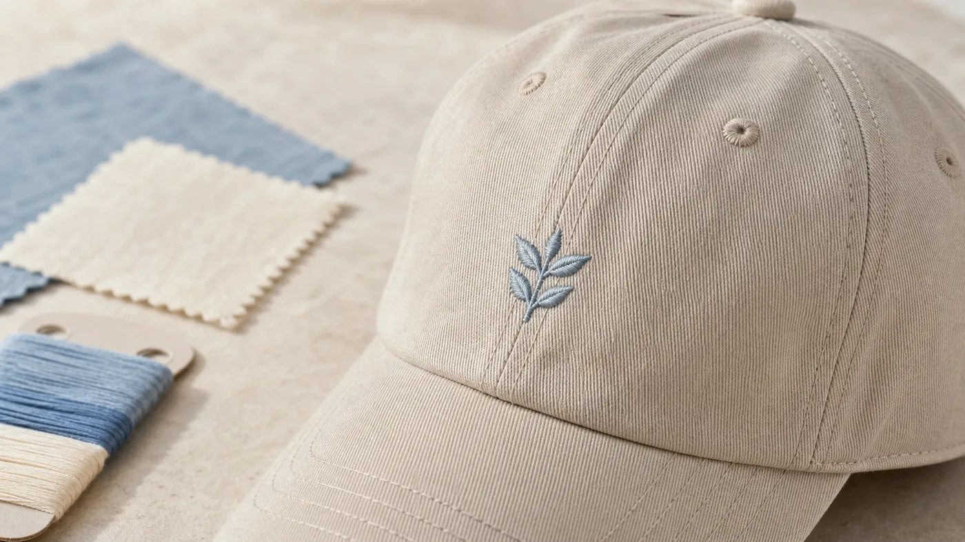Unbranded premium cap detail with embroidery and fabric swatches