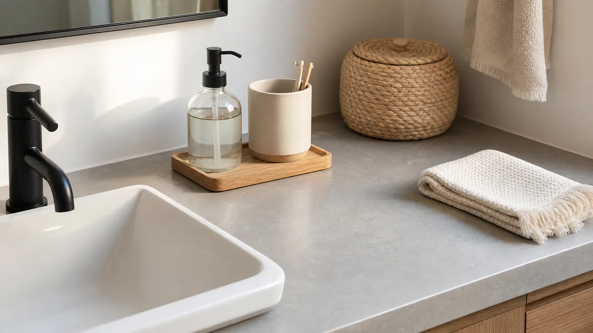 A small bathroom counter with a clear getting-ready zone, simple tray, hand soap, small cup, folded towel, and warm neutral storage