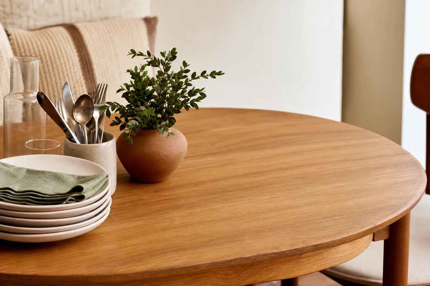 A compact dining table detail with stackable ceramic plates, linen napkins, everyday cutlery, greenery, and open usable space