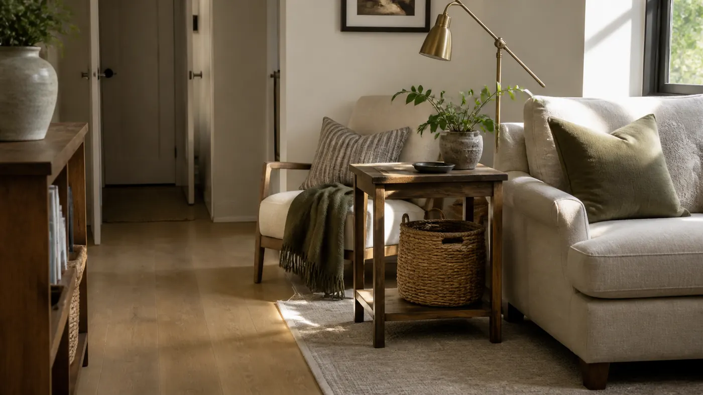 A compact living room corner with a useful side table, reading chair, lamp, basket storage, and an open walkway