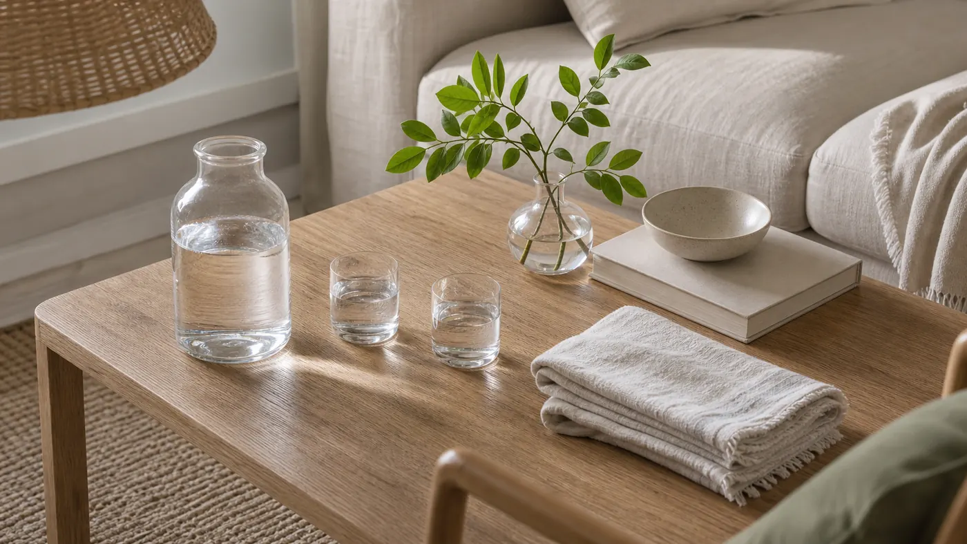 A cool summer coffee table with clear glass, greenery, linen, pale wood, and a calm practical arrangement