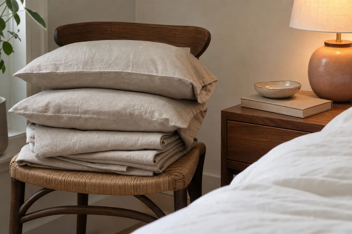 Folded linen sheets and pillowcases on a bedroom chair beside a nightstand with a warm lamp and simple ceramic dish