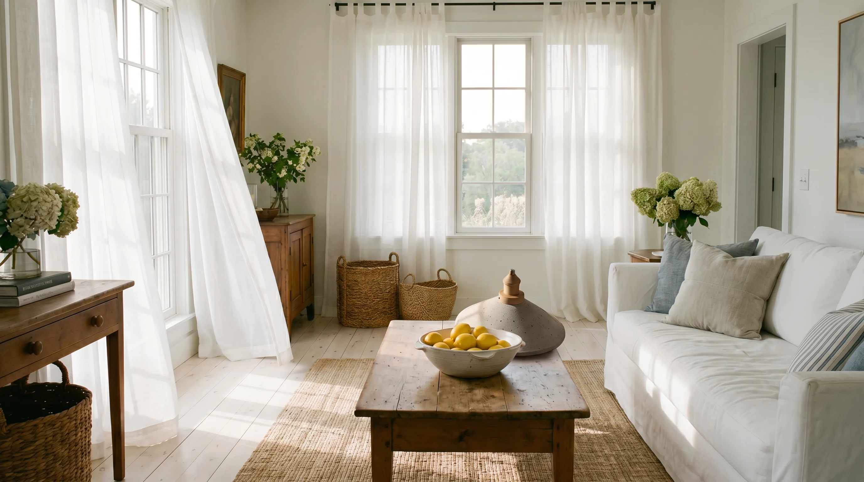 A collected traditional living room with classic shapes, warm wood, layered art, and comfortable fabric