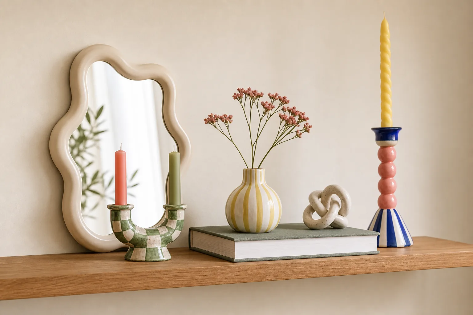 A whimsical shelf vignette with a wavy mirror, colorful ceramics, sculptural objects, and lots of breathing room
