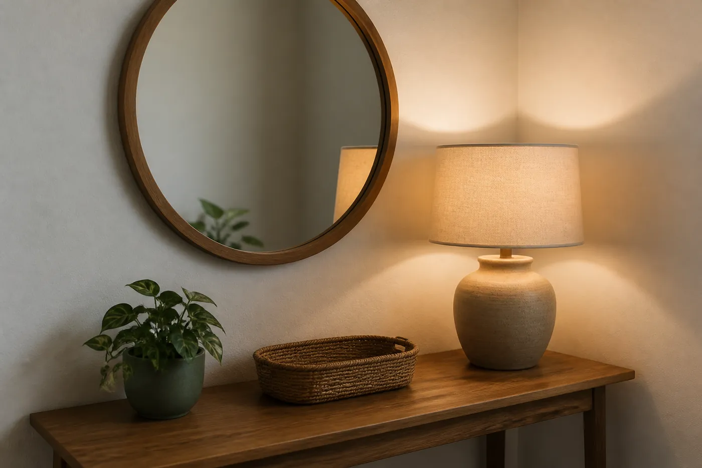A windowless room corner with a round mirror, ceramic lamp, warm wood table, plant, and soft reflected light