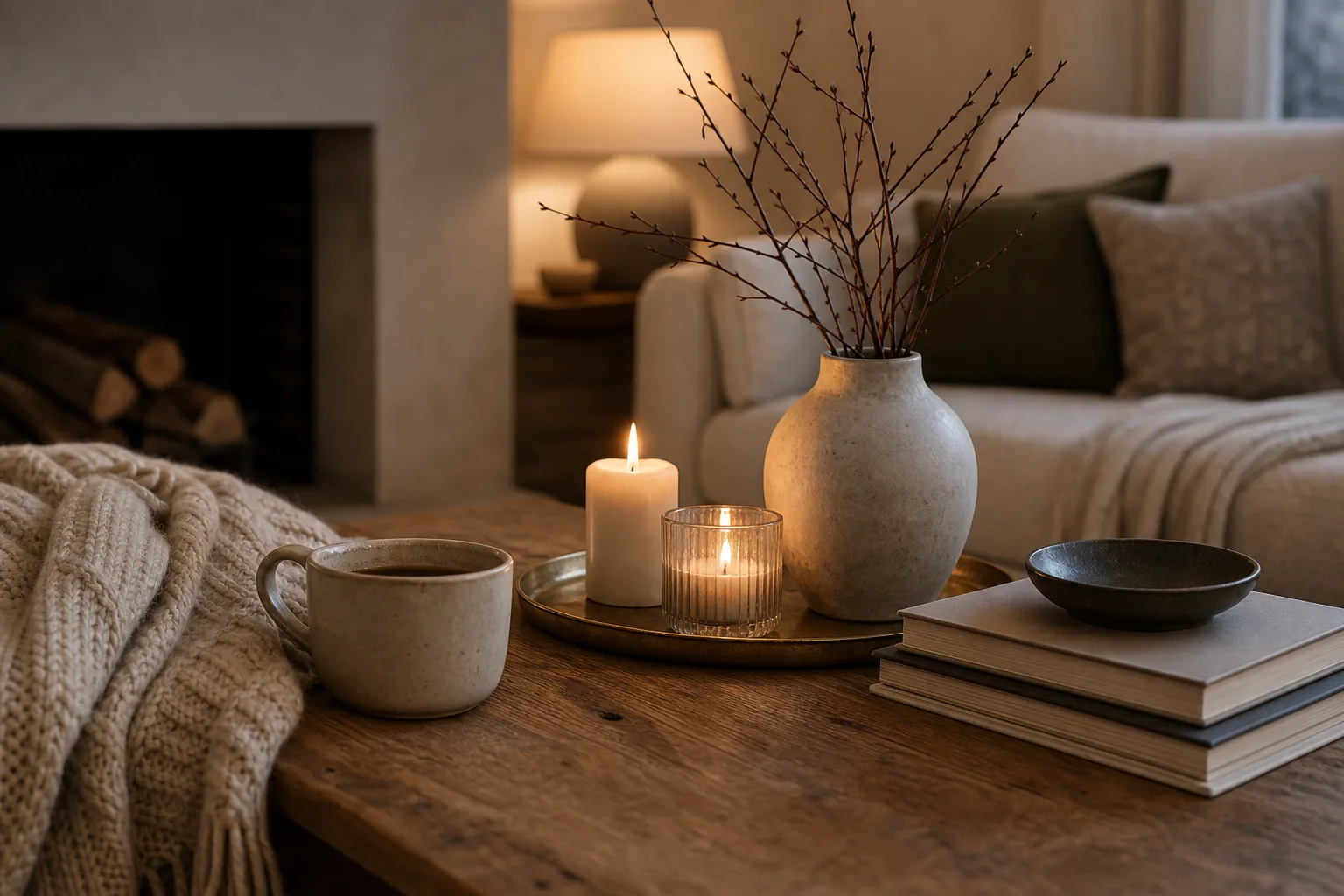A cozy winter coffee table vignette with candles, branches, warm wood, a ceramic mug, and soft textiles